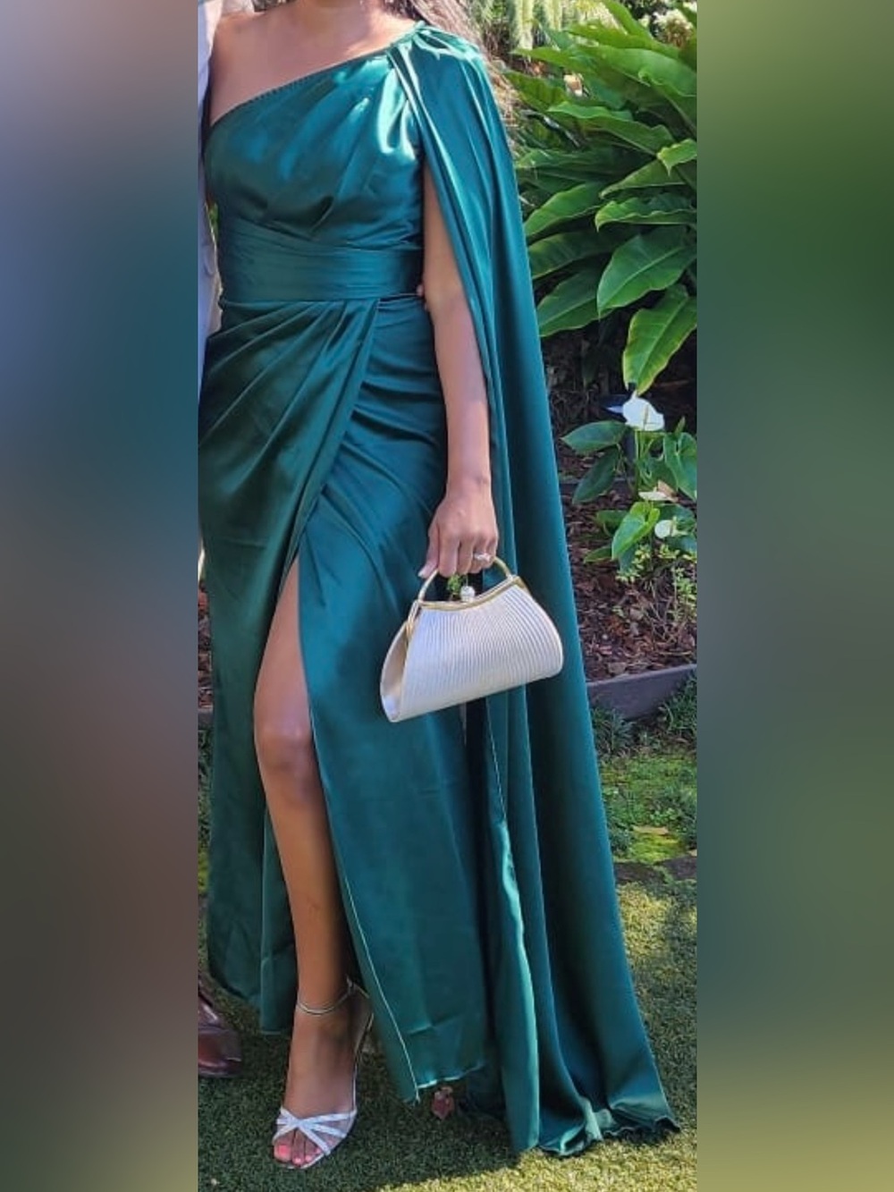 Emerald One-Shoulder Satin Gown with Cape